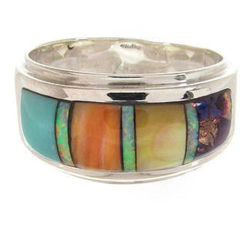 Southwestern Multicolor Inlay Sterling Silver Ring Size 7-3/4 PS58196